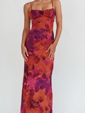 Selfie Leslie Satin Maxi Slip Dress in Rust & Magenta Watercolor